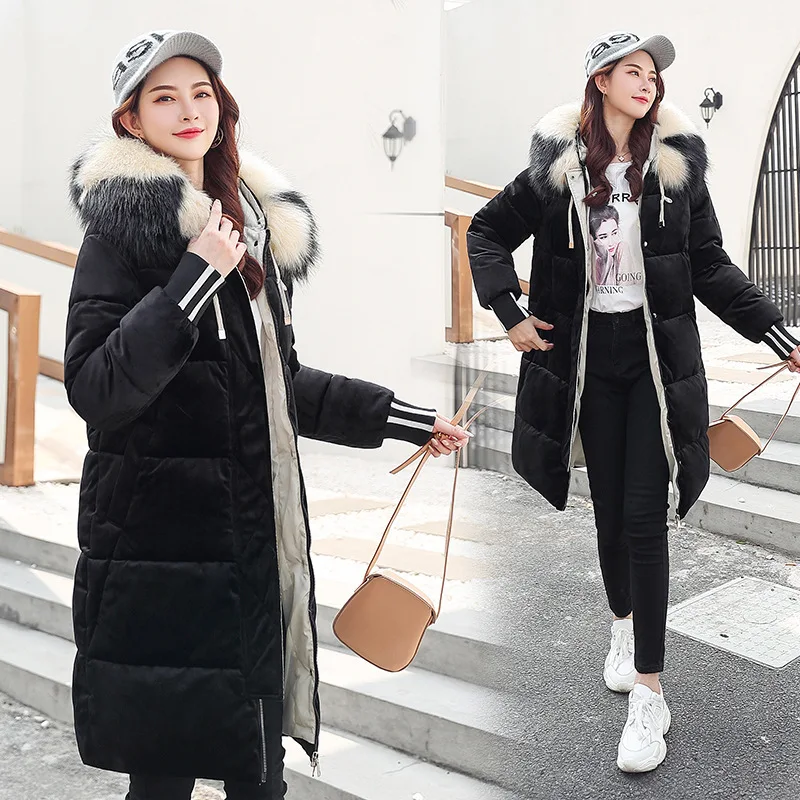 Down parka Warm Hooded Fur Cotton Parkas collar long-term students in women's knee-length golden velvet jacket for winter 1075 |