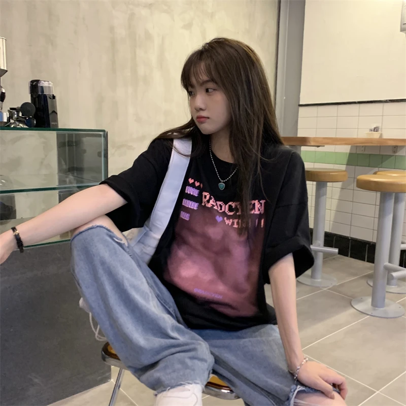 

2194 new American retro round neck loose lazy love printed T-shirt women