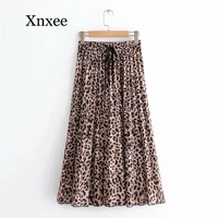 new women vintage leopard printing pleated midi skirt faldas mujer ladies elastic waist sashes chic mid calf skirts sashes