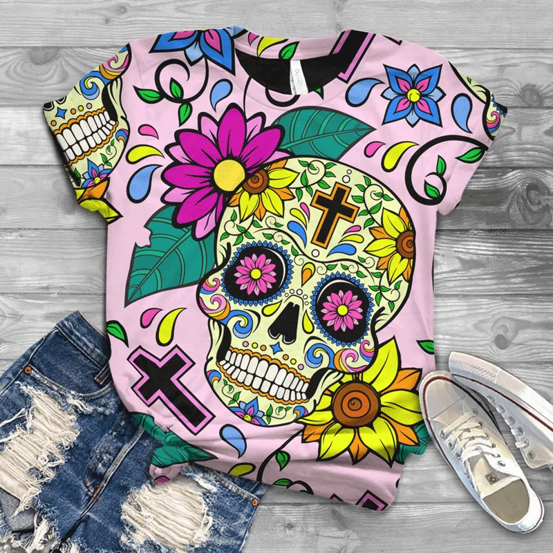 

New 2021 Summer Women's Fashion Street Harajuku T-shirt Trend Skull 3D Printing Short Sleeve Casual Cool Top Crew Neck Tee