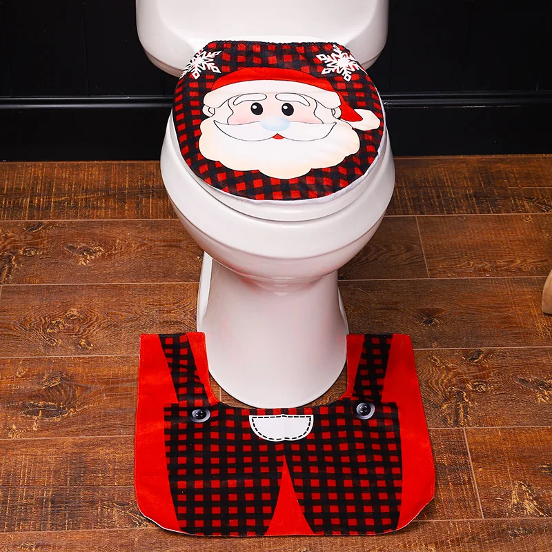 

2pcs/set Christmas Supplies Toilet Cover Floor Mat Creative Cartoon Santa Snowman Elk Toilet Cover Hotel Home Decoration