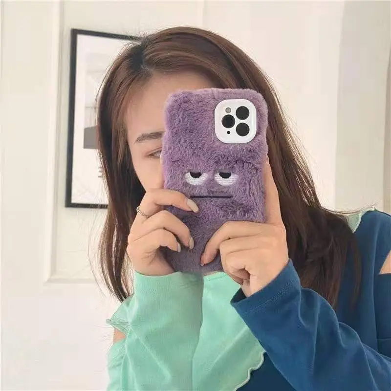 

Cute Hairy Embroidery Funny Face Phone Cover for Iphone 11 12 Mini Pro Max 8p Xs Xr Women Keep Warm Shockproof Girl Phone Cases