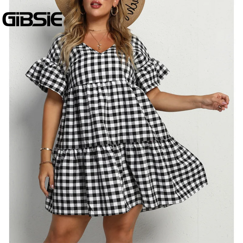

GIBSIE Plus Size Black and White Plaid Smock Dress Women Summer Casual Dresses xxxl 4xl V-Neck Short Sleeve Loose Mini Dress