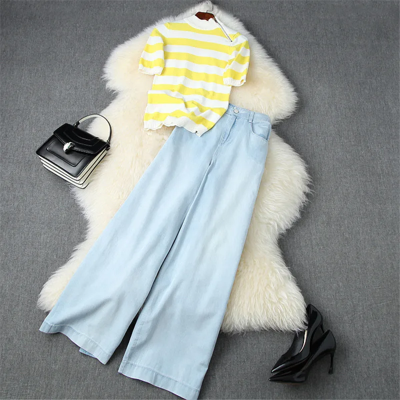 Женский комплект из 2 предметов повседневный трикотажный топ и джинсы в полоску с