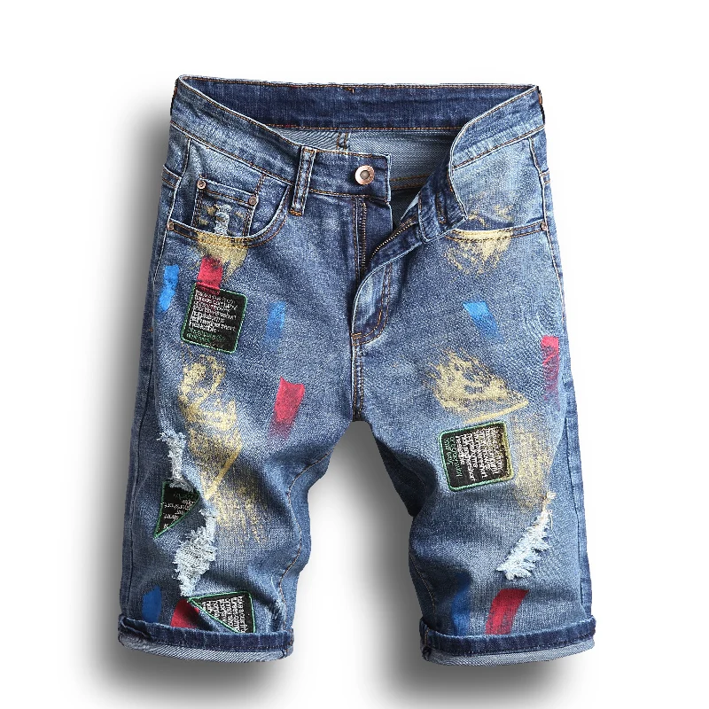 

Men Graffiti printed High street Fashion Holes Beach Jeans Shorts Summer Men Ripped patch Casual Loose denim Shorts