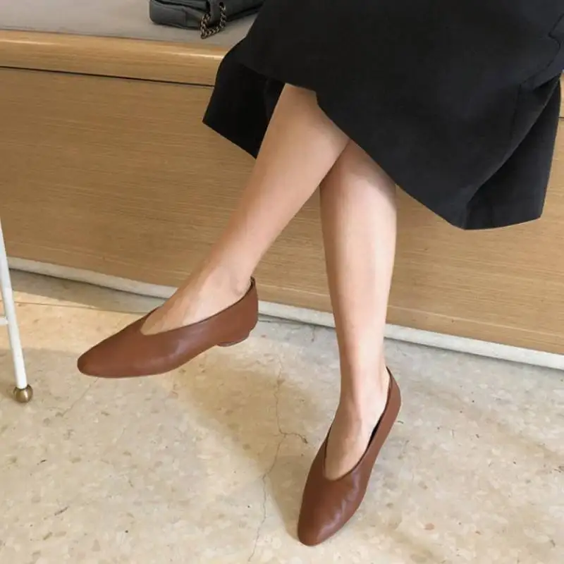 

RIZABINA Women Pumps Genuine Leather Shoes Round Toe Low Heels Shoes Simple Slip On Shoes Casual Lazy Office Shoes Size 34-40