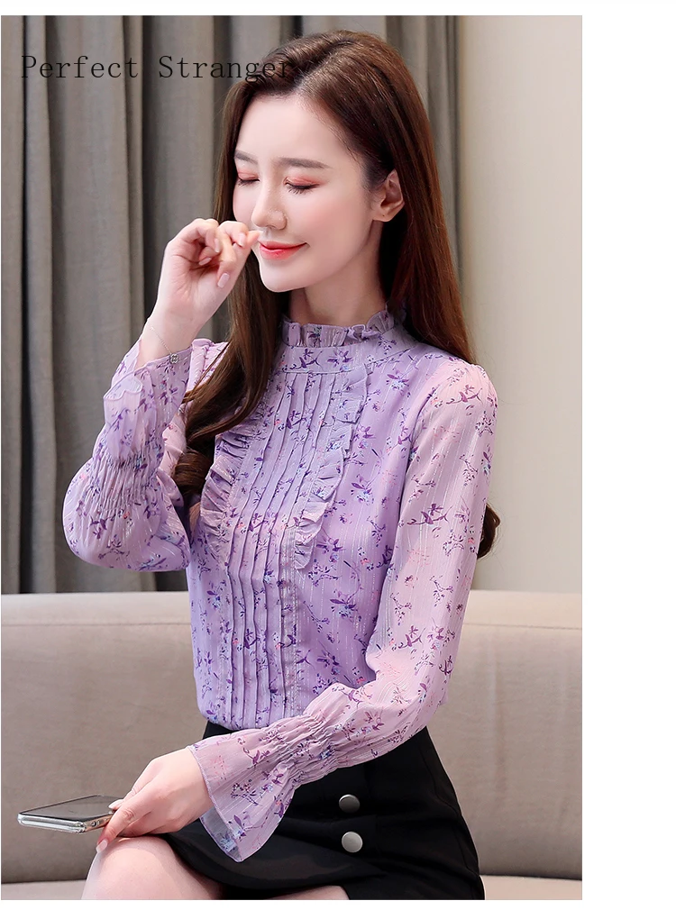 Женская шифоновая блузка с цветочным принтом корейский стиль воротник-стойка