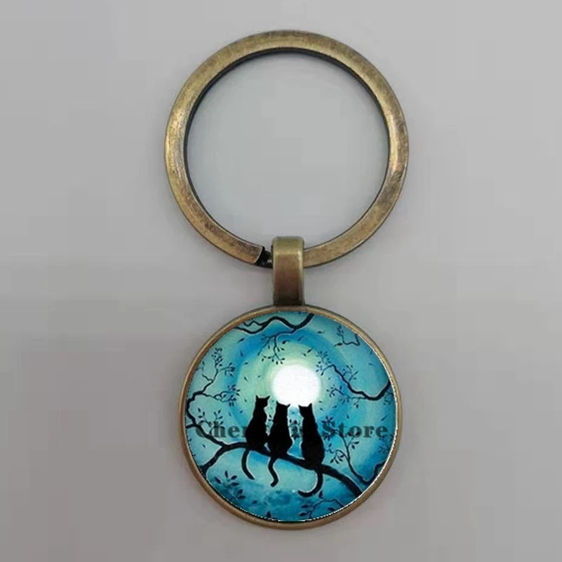 Популярный/Модный Круглый Брелок с подвеской в виде ветки голубой луны и кота