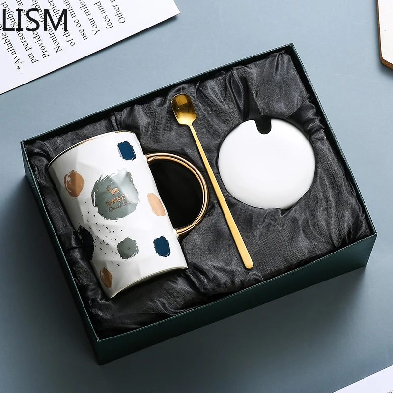 

Nordic Ceramic Coffee Mug Set Creative Personality Trend Mug with Lid Spoon Simple Couple Drinking Cup Mugs Coffee Cups Ceramic