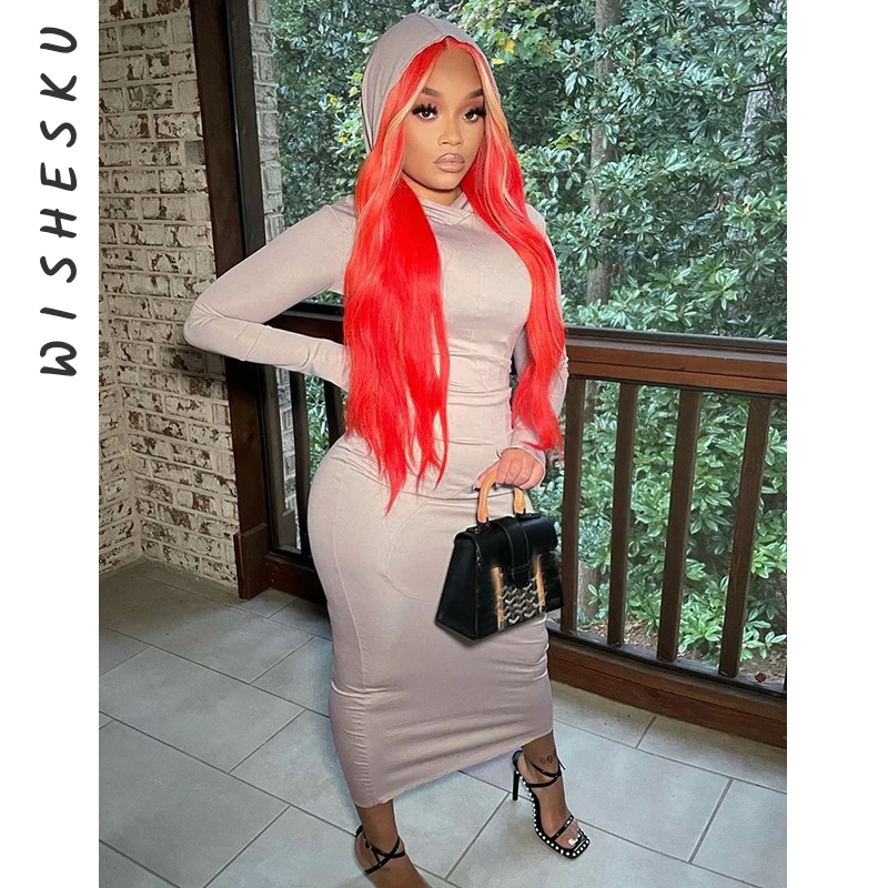 

Women Sexy Club Hooded Pencil Dress Long Sleeve Midi Dresses Party Slim Wrap Hip Bodycon Robe Vestidos 2021 Fall Harajuku