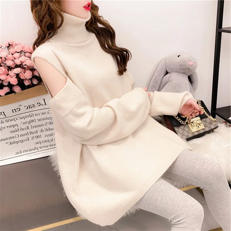 

Autumn & winter sweater cloth Popular Turtleneck Pullover Women New High Neck Solid Color off-Shoulder Loose Bottoming Sweater
