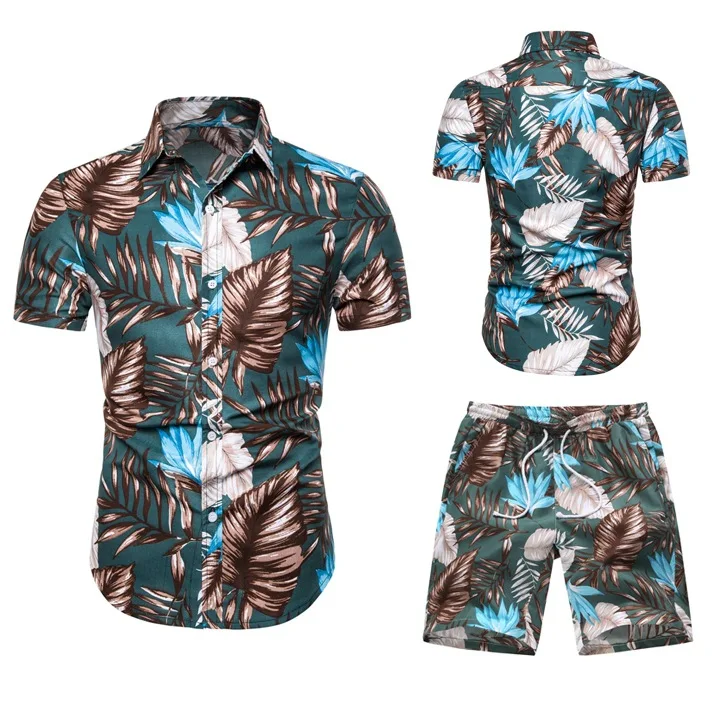 

High Quality Summer Hawaiian Beach 2 Pieces Set Men Floral Printed Short Sleeve Shirt and Short Set