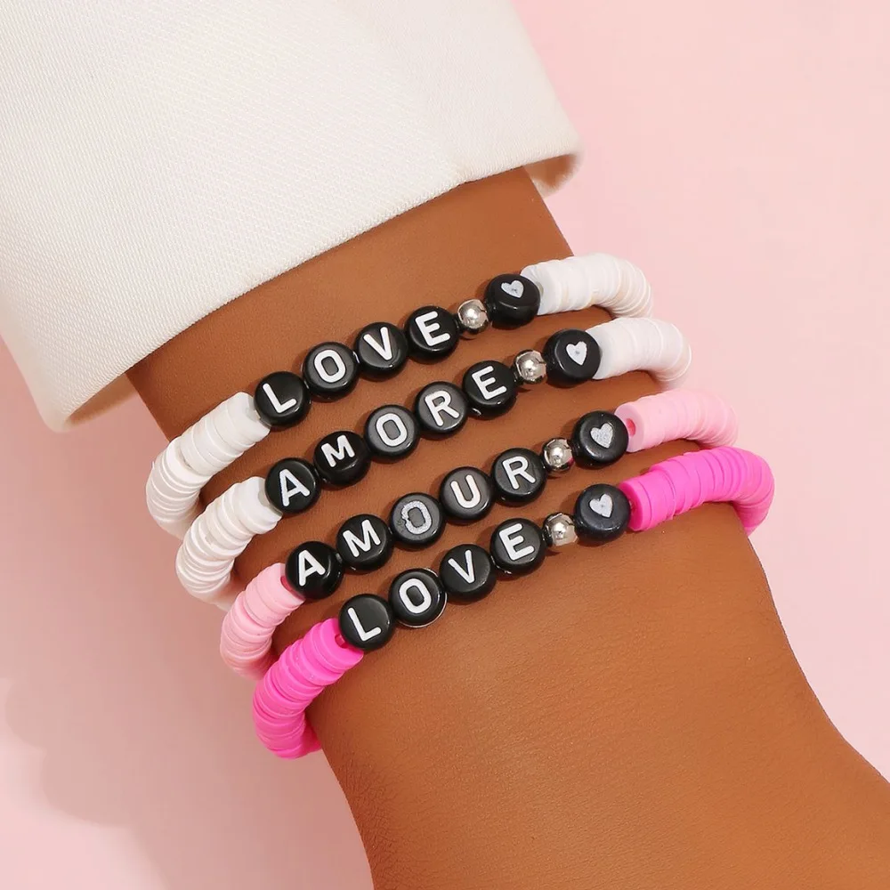 

Creative Bracelet personality clash pink and white 6mm soft pottery set bracelet Love hand ornaments