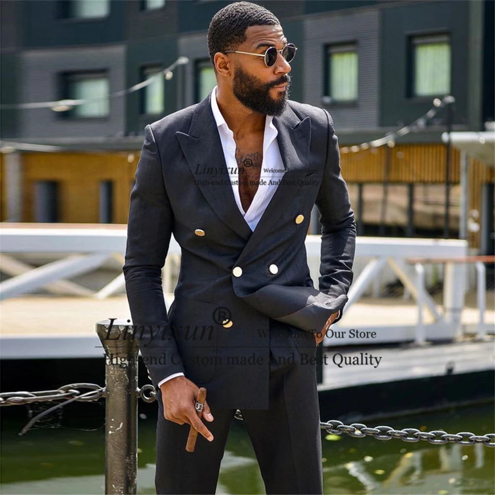

Fashion Black Mens Suits Double Breasted Formal Business Slim Fit Blazer 2 Piece Sets Wedding Groom Tuxedo Prom Jacket+Pants