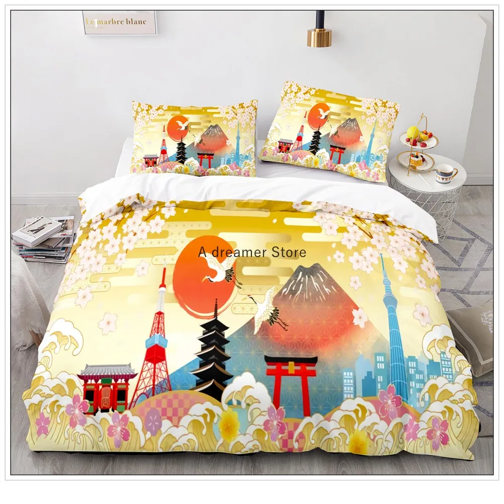 

Landscape Duvet Cover Set Bedding Set Mount Fuji Bed Linen Adults Girl Home Textile Cherry Blossom Sea Bedclothes Bed Set