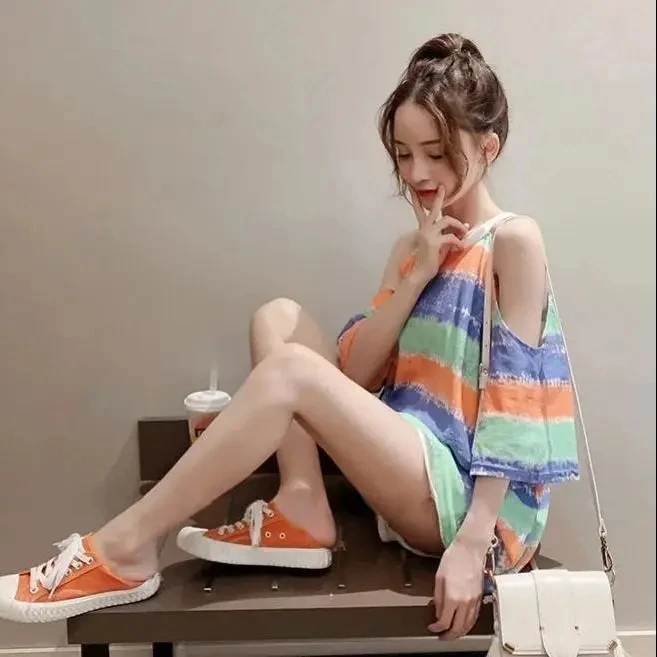 

ins 2021 stripe Tie Dye Gradient Printed T-shirts Summer Women Korean Style O-Neck Short Sleeve Loose Tee Tops