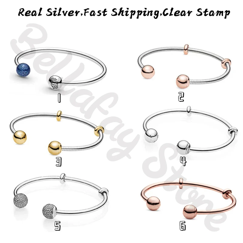 

Real 925 Sterling Silver Women Bracelets Moments Snake Chain Style Open Bangles Sparkling Caps Fits Original Charms Beads Femme