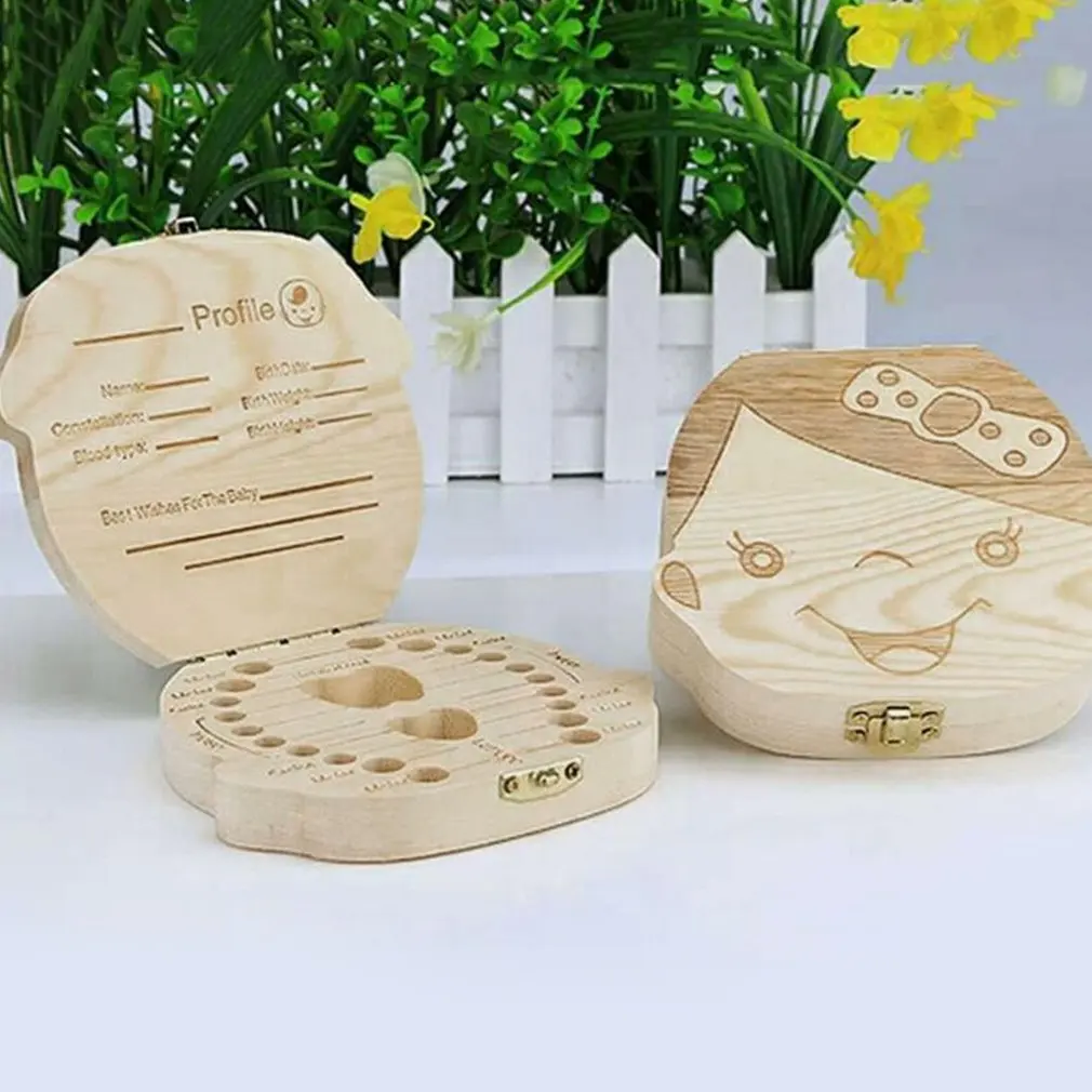 Caja de madera con texto en ingl&eacute;s para dientes ca&iacute;dos de beb&eacute;, caja de madera con texto franc&eacute;s, organizador de colecci&oacute;n para guardar dientes de leche, nueva oferta-1