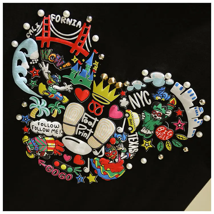 

Cartoon Short Sleeve T-shirt Women's Summer 2021 Personalized Printed White Beaded Loose T-shirt Top