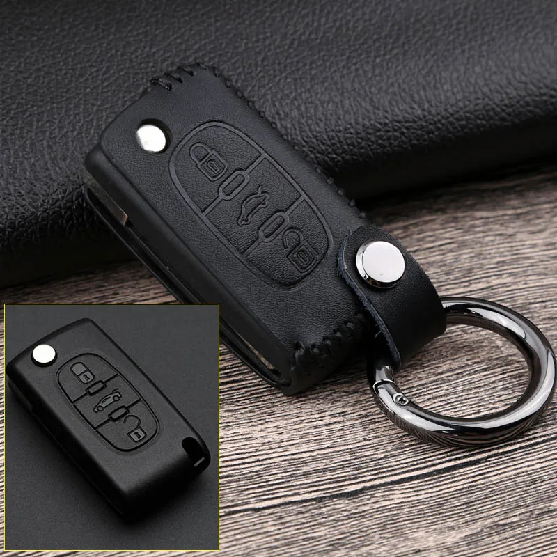 3 Button Black Кожаный Автомобильный Брелок дистанционного управления с ключом чехол Чехол для Citroen C2 C3 C4 C5 C6 C8 для peugeot 207 301 307 308 407 607 807 2008 3008 4008 - Название цвета: 3 Button Black