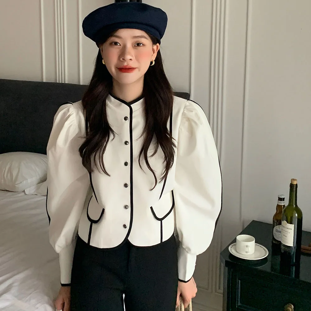 

Women's Autumn Jacket Short Coat Fashion Simple Commuter Style Long-sleeved Solid Color Sweet Puff Sleeve Stand-up Collar Top