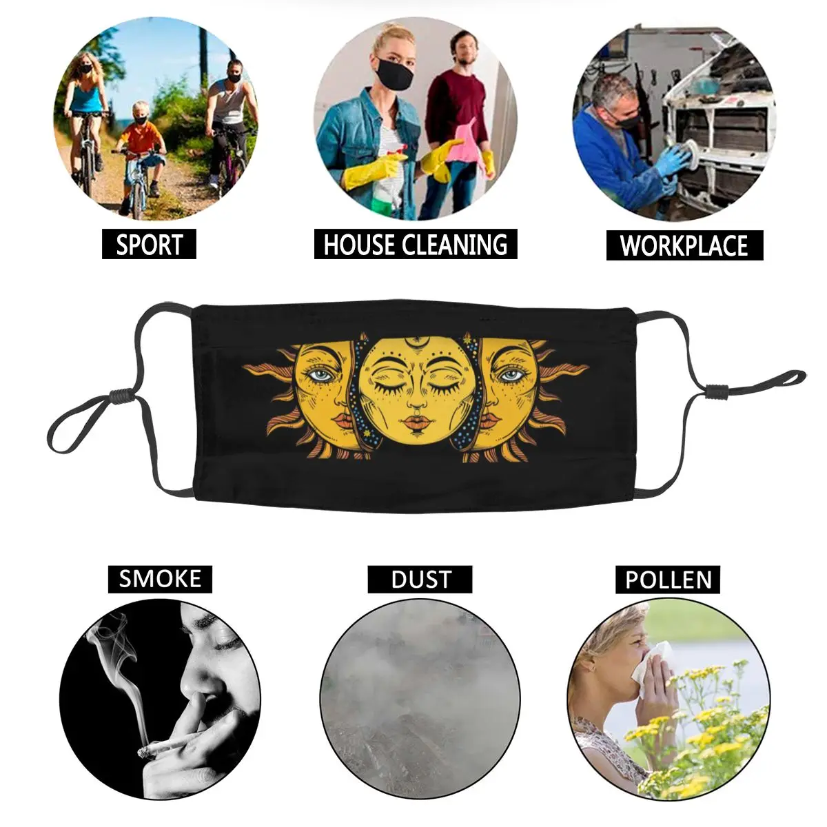 

Sun Mysterious Symbol Men Women Non-Disposable Mouth Face Mask Dustproof Protection Cover Respirator