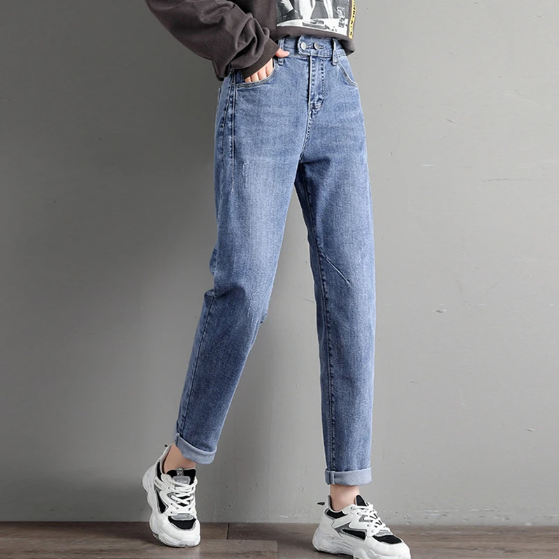 

Loose Elastic Waist Harem Jeans Female Streetwear Denim Ankle-Length Pants 2021 New Casual Straight Leg Daddy Trousers Women