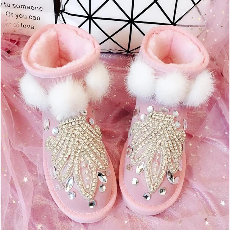 2019 Зима Новый Ручной Работы Стразы кожаная короткая труба зимние ботинки женские