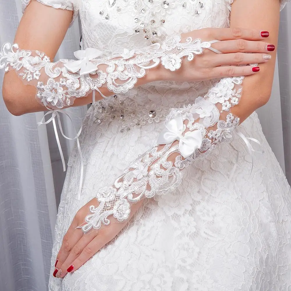 JaneVini 2019 New Elegant Bridal White Fingerless Gloves Lace Elbow Length Appliques Pearls Long Women Party Wedding Accessories | Свадьбы и