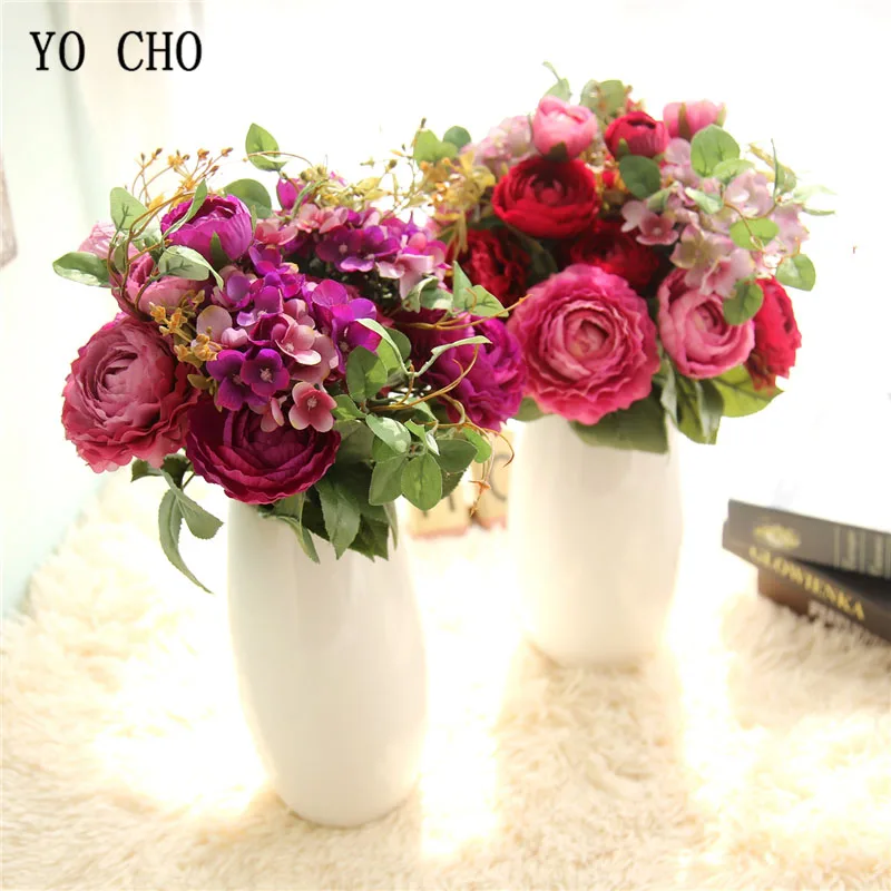 

YO CHO Fake Peonies Hydrangea Flowers Bundle Wedding Home Table Decoration Silk Flores DIY Decorative Artificial Flowers Bouquet