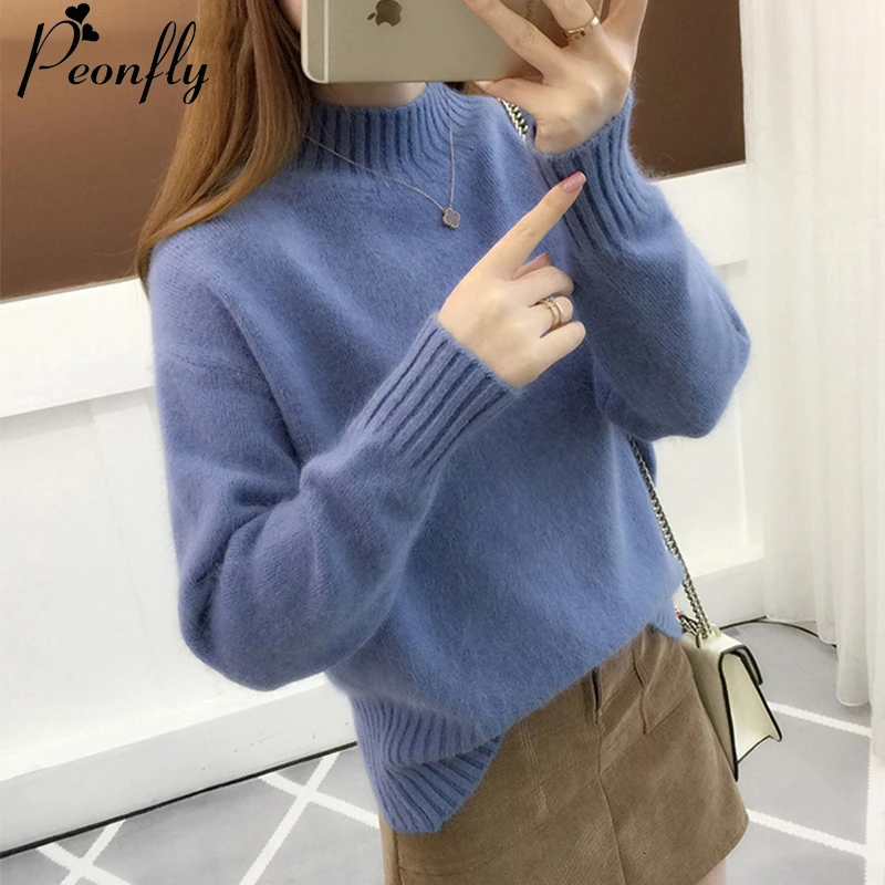 

PEONFLY Korean Style Women Sweaters And Pullovers 2019 Winter Loose Long Sleeve Knitted Turtleneck Sweater Female Blue Green