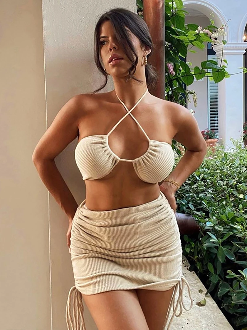 

Women Fashion 2 Piece Set Ribbed Knit Halter Skinny Crop Top and Skirts Outfits Aesthetic Summer Drawstring Ruched Matching Set