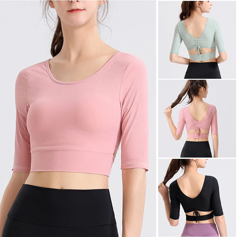 

Women's Plain Backless Top Yoga Sport Long Sleeved Shirts Slim Anti-sweat Fitness Workout Gym Cropped Tops PSEN999