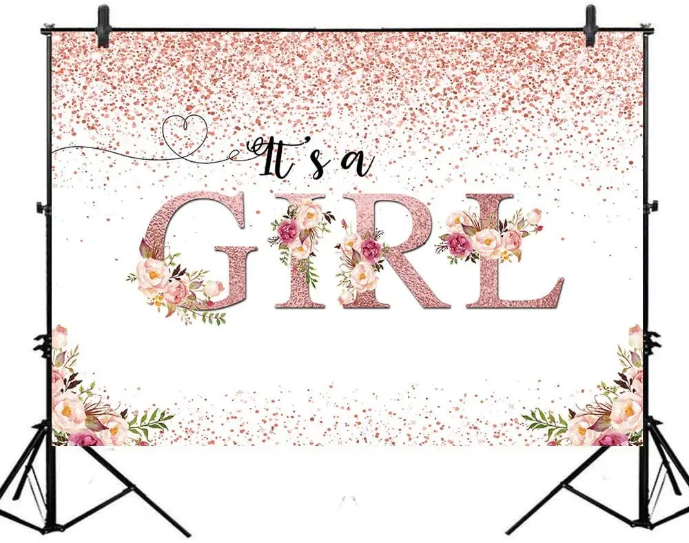 Tel&oacute;n de fondo de ni&ntilde;a, cartel Floral para Baby Shower, Fondo de foto de Flor de Oro rosa, fondos para Baby Shower-1