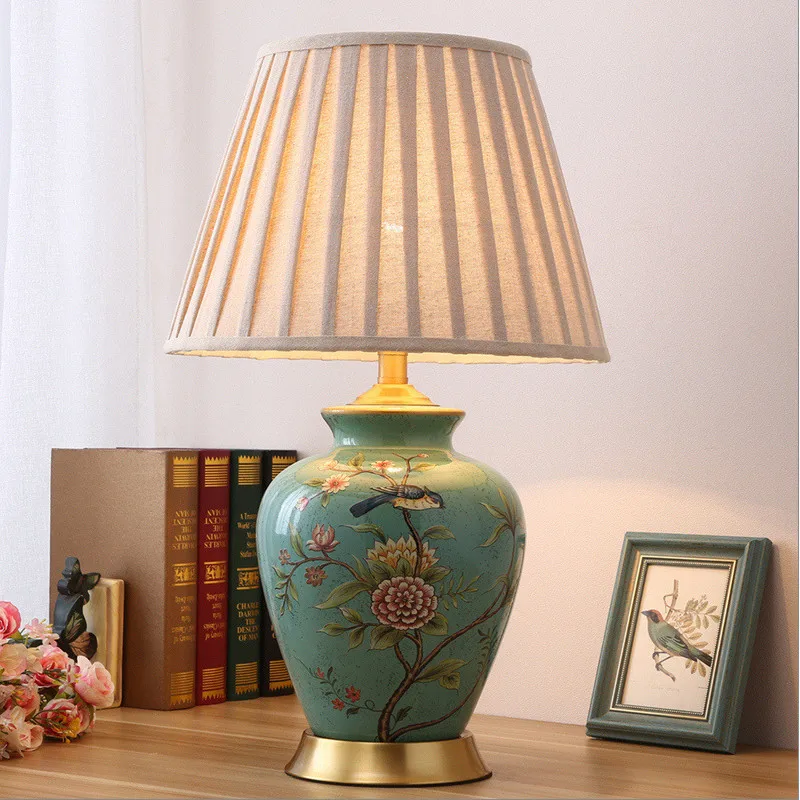 

American blue flowers ceramic Table Lamps Classic rustic touch switch fabric E27 LED copper lamp for bedside&foyer&studio MF009