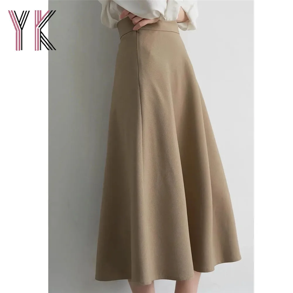 

Elegant Pleated A-Line Midi Suit Skirt Loose Office Lady Solid Color Simple Khaki Skirts Spring Autumn High Waist Vintage Saia