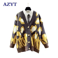 autumn leopard print women sweater cardigan 2021 vintage loose long sleeve oversized cardigan female casual sweater jacket