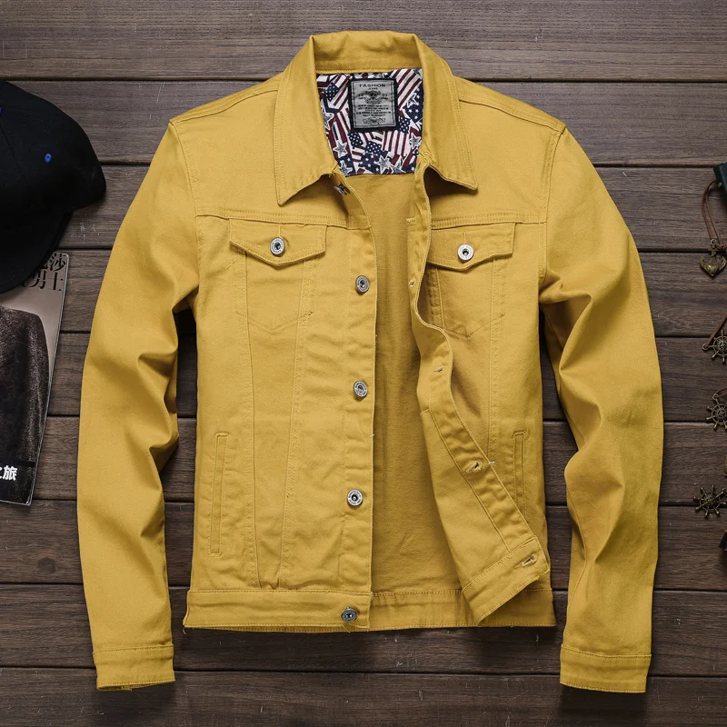 

Куртка мужская джинсовая в стиле хип-хоп, однобортная приталенная рубашка с отложным воротником, однотонная верхняя одежда из денима в стил...
