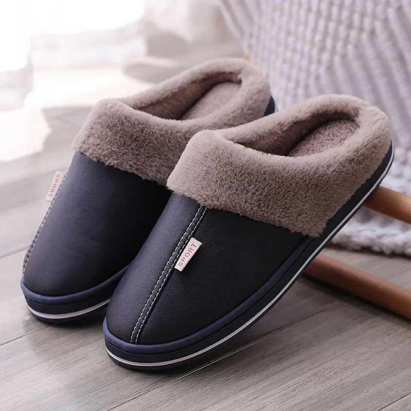 

PU Waterproof Slippers Women Men Winter Plush Keep Warm Flat Home Shoes Woman Soft Comfort Female Shoes Sewing Interior Slipper