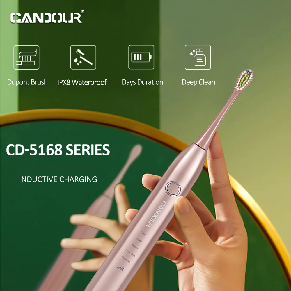 

Электрическая зубная щетка CANDOUR Sonic, зубная щетка с USB-зарядкой, водонепроницаемая, ультразвуковая, автоматическая, 15 режимов, с чехлом для пу...