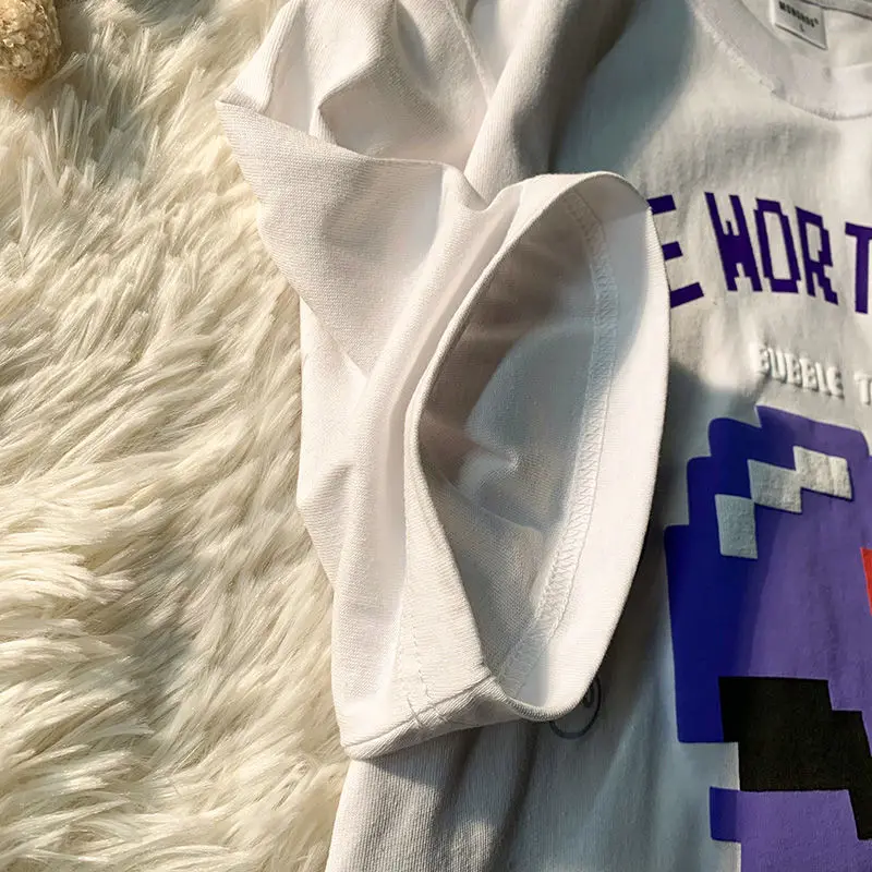 

Retro Creative Printing Short-sleeved T-shirt Female Summer Loose Round Neck Casual Couple Top Harajuku Tops Women 2021