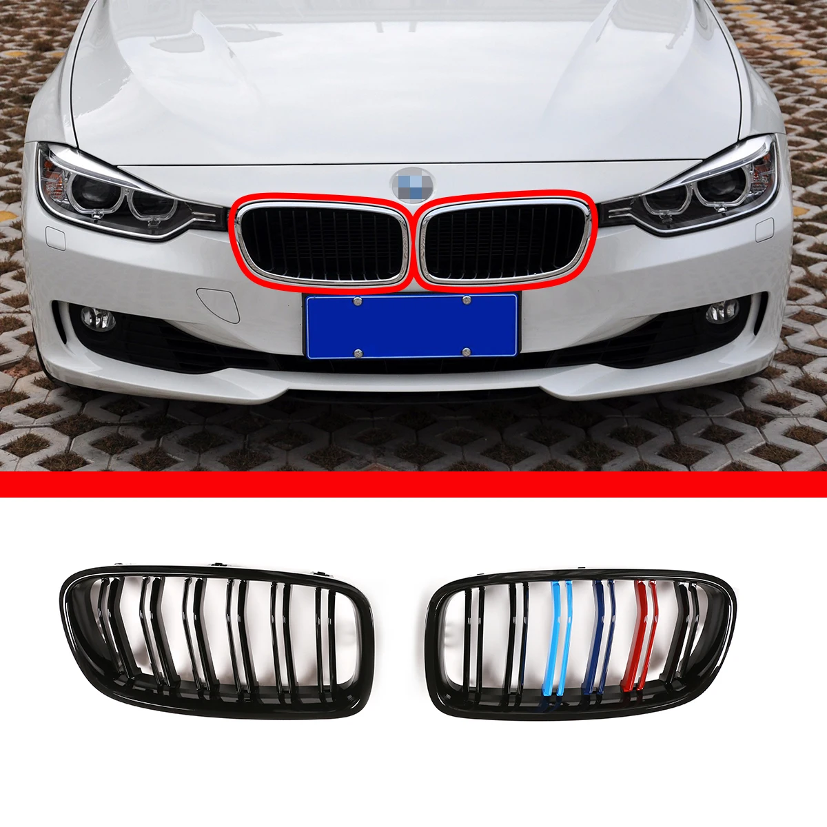 

For 2012-2019 BMW 3 Series F30 F35 318i 320i 328i Front grille three-color grille ABS car decoration modification accessories