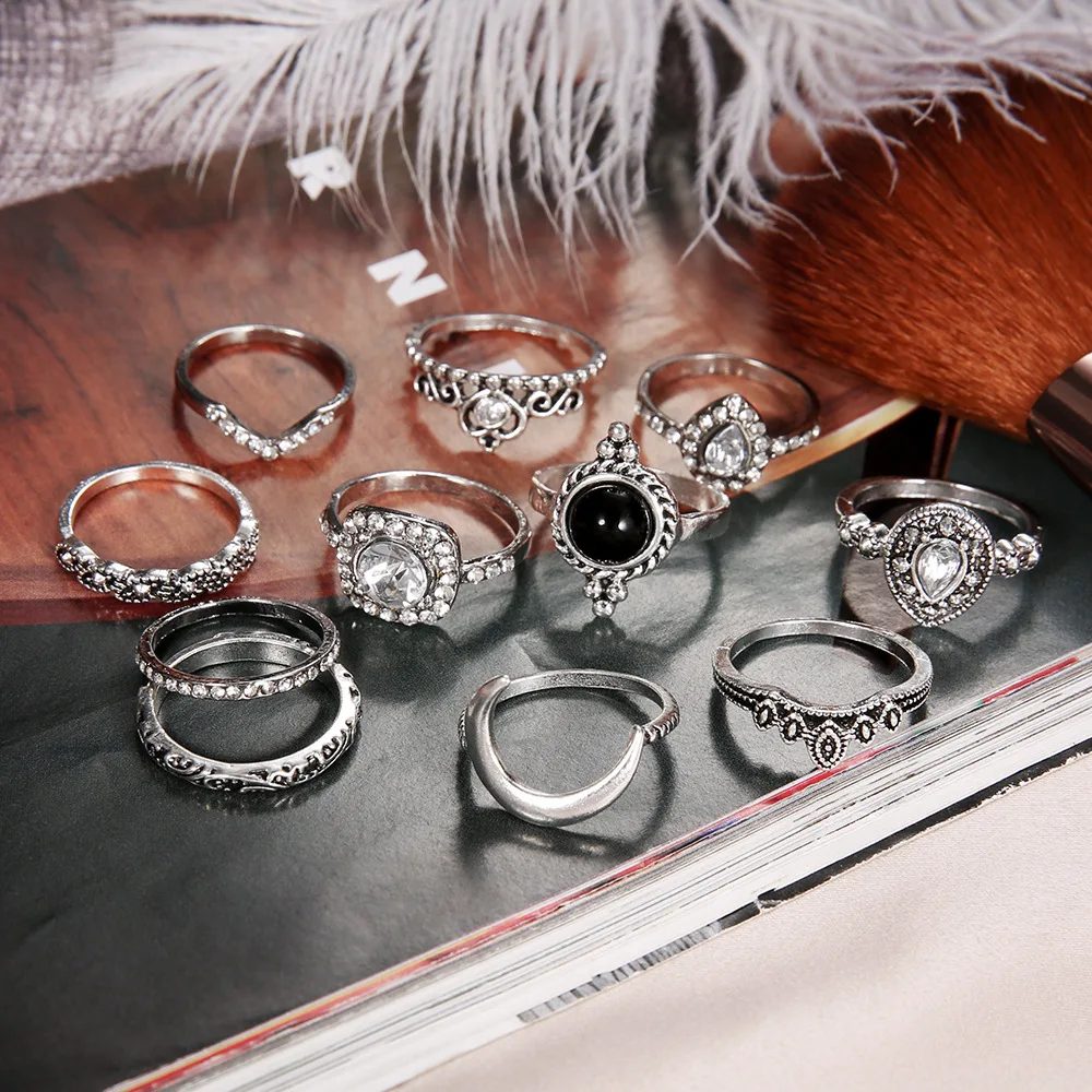 

Vintage Women crystal Finger Knuckle Rings Set For Girls Moon lotus Charm Bohemian Ring Fashion Jewelry Gift