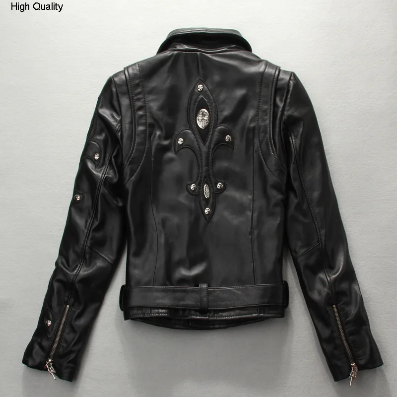 Женская облегающая кожаная куртка с заклепками и ремнем модная в стиле панк для