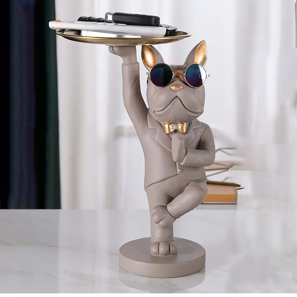 kungfu bulldog butler with tray for keys jewelry stock storage nordic home decor dog statues resin sculpture desk decoration free global shipping