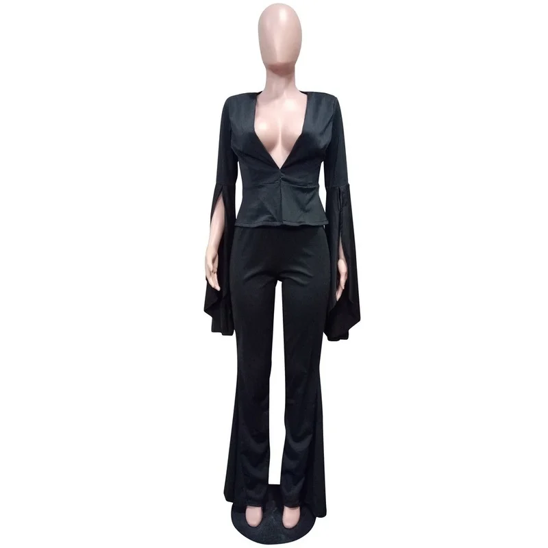 

2021 Women Flare Pants Suits V-Neck Solid Colors Casual Office Blazer Set Fashion Irregular Ruffles Sleeve Blazer Two Piece Set