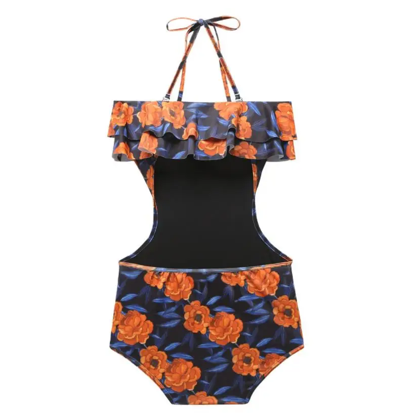 

One Piece Swimsuit Women Korean Style Printing Mixed Color Halterneck Swimwear Sexy Ruffled Bathing Suits Beach Wear Bikini Y915