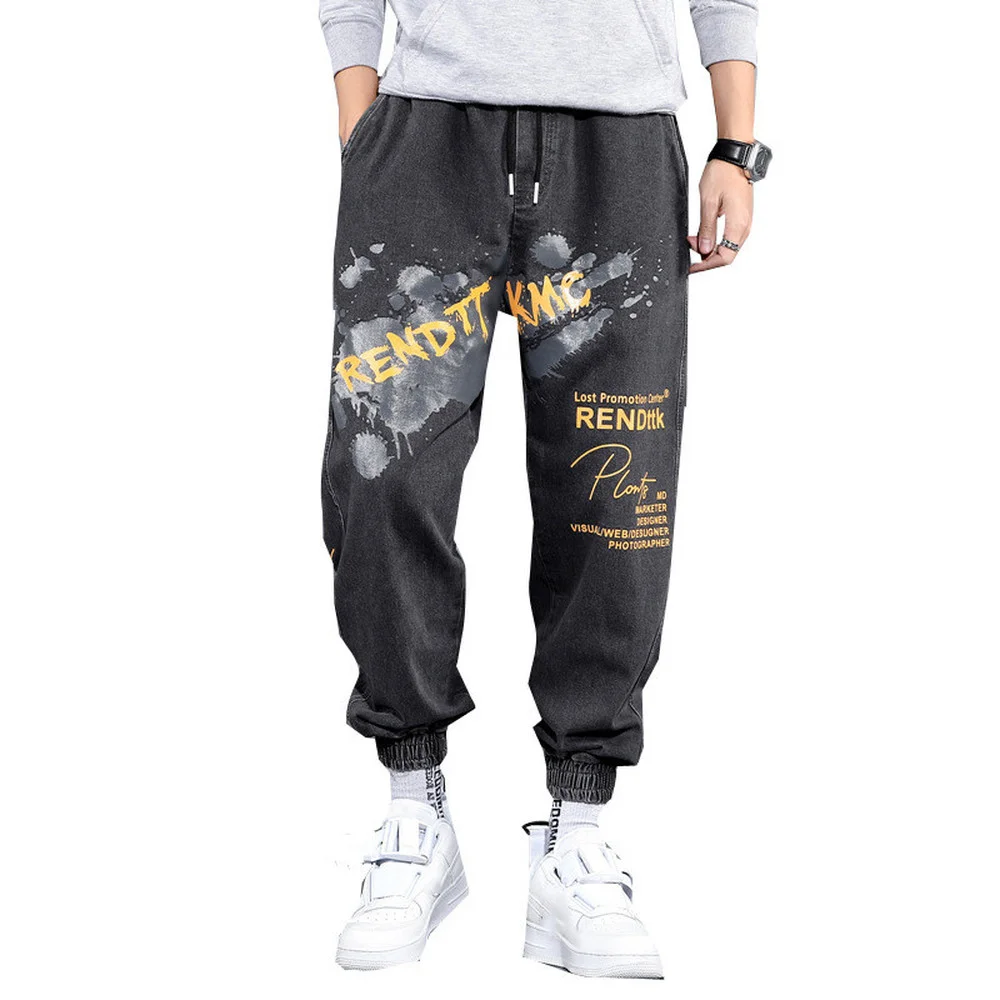 Spring Jeans Men Harlan Loose Casual Tie Foot Pants Trend Drawstring Men's English Offset Printing Trousers Youth Hip-hop Wear