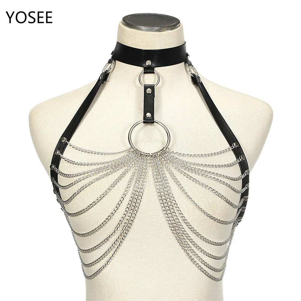 

Женский кожаный бюстгальтер с цепочкой, черный бандаж в готическом стиле