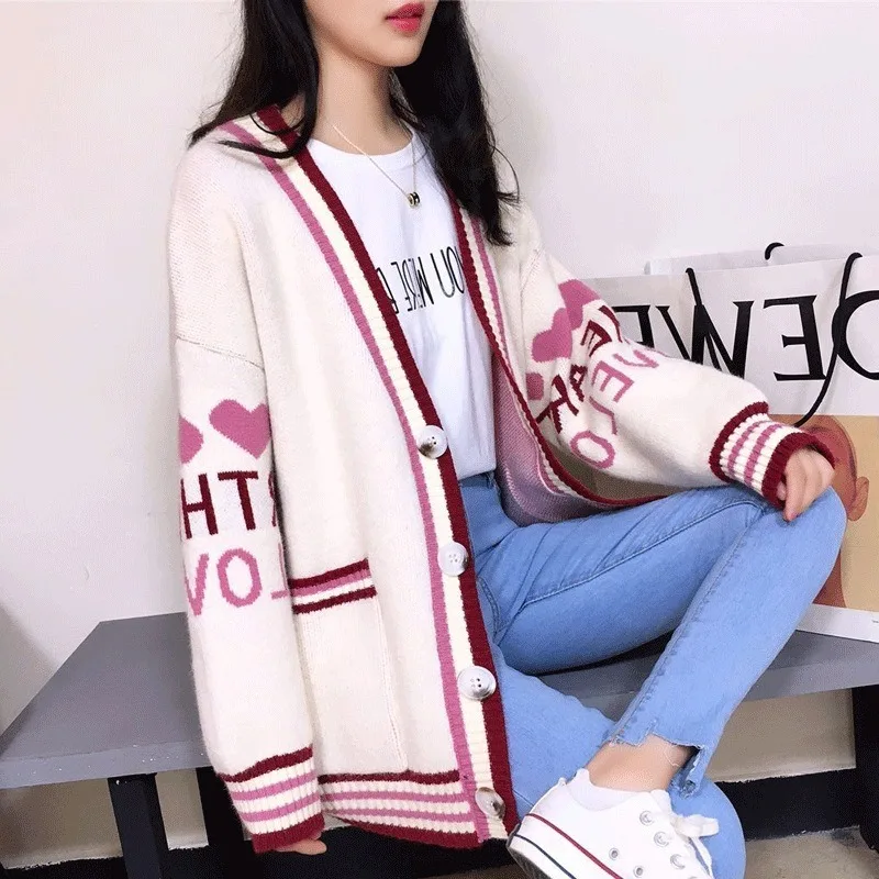 

Spring and Autumn 2020new letters British style Western style ladies sweater knit cardigan women loose outer jacket women trendy